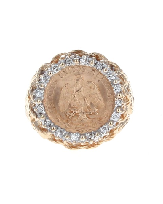Dos Pesos Coin and Diamond Halo Filigree Ring in Yellow Gold
